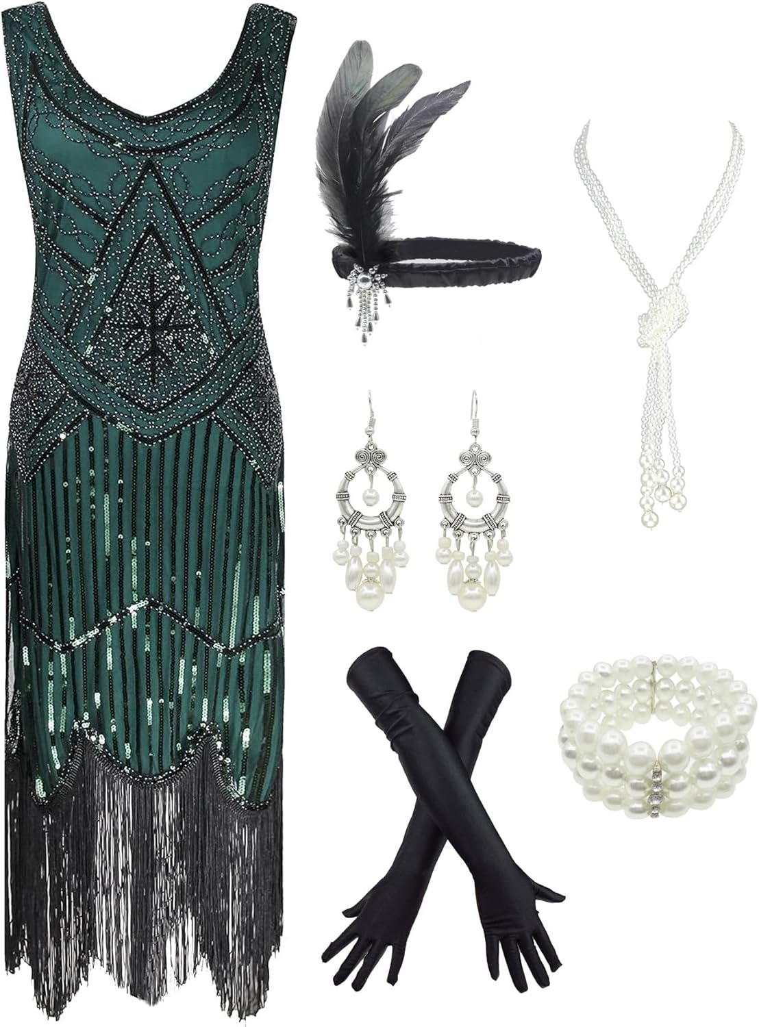 1920s Gatsby Sequin Fringed Paisley Flapper Dress with Accessories