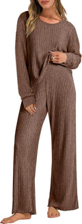 Women 2 Piece Lounge Pajama Set - Ribbed Knit Loose Fit Comfort