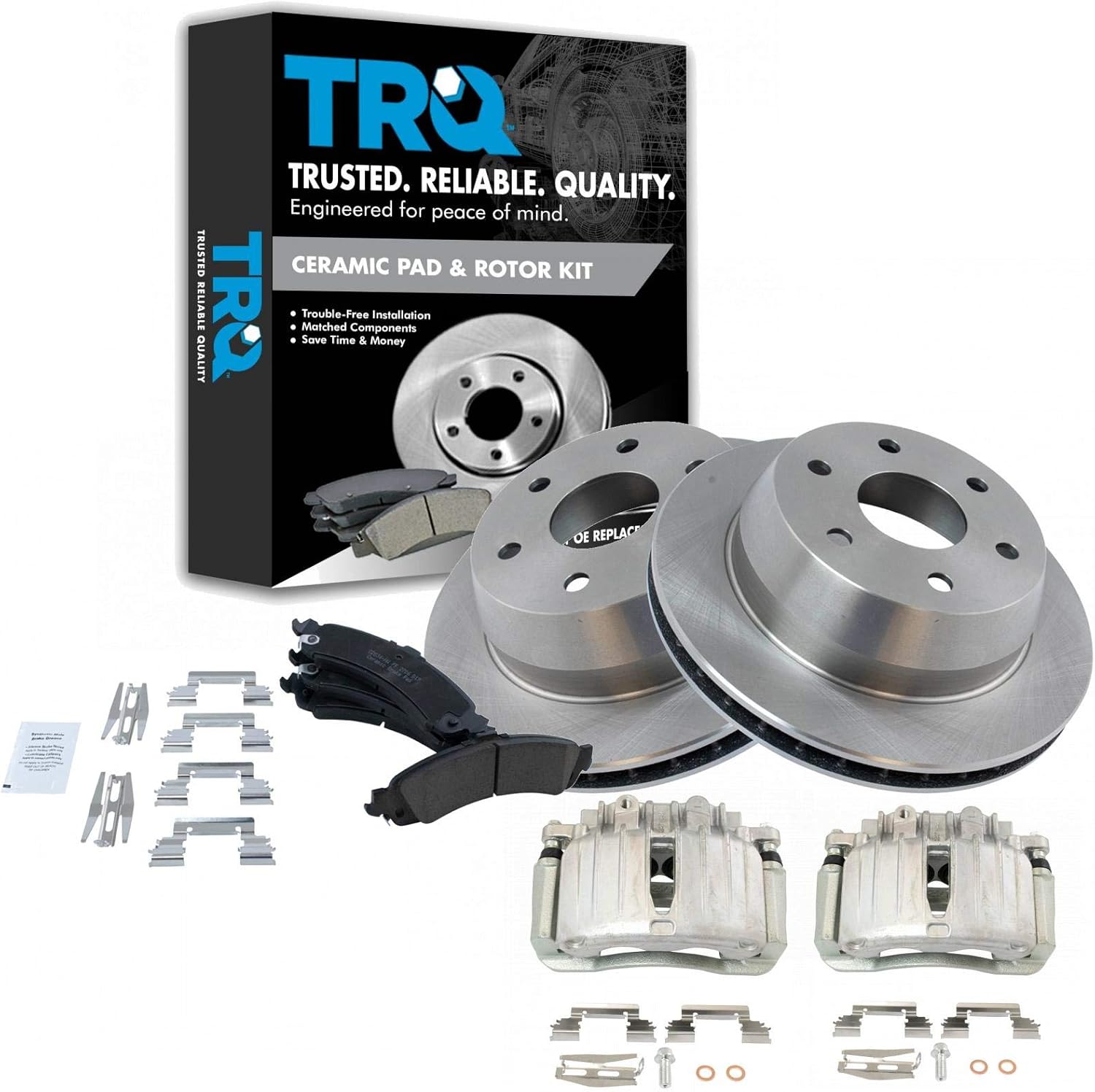 TRQ Rear Brake Rotors Premium Posi Ceramic Pads & Caliper Kit
