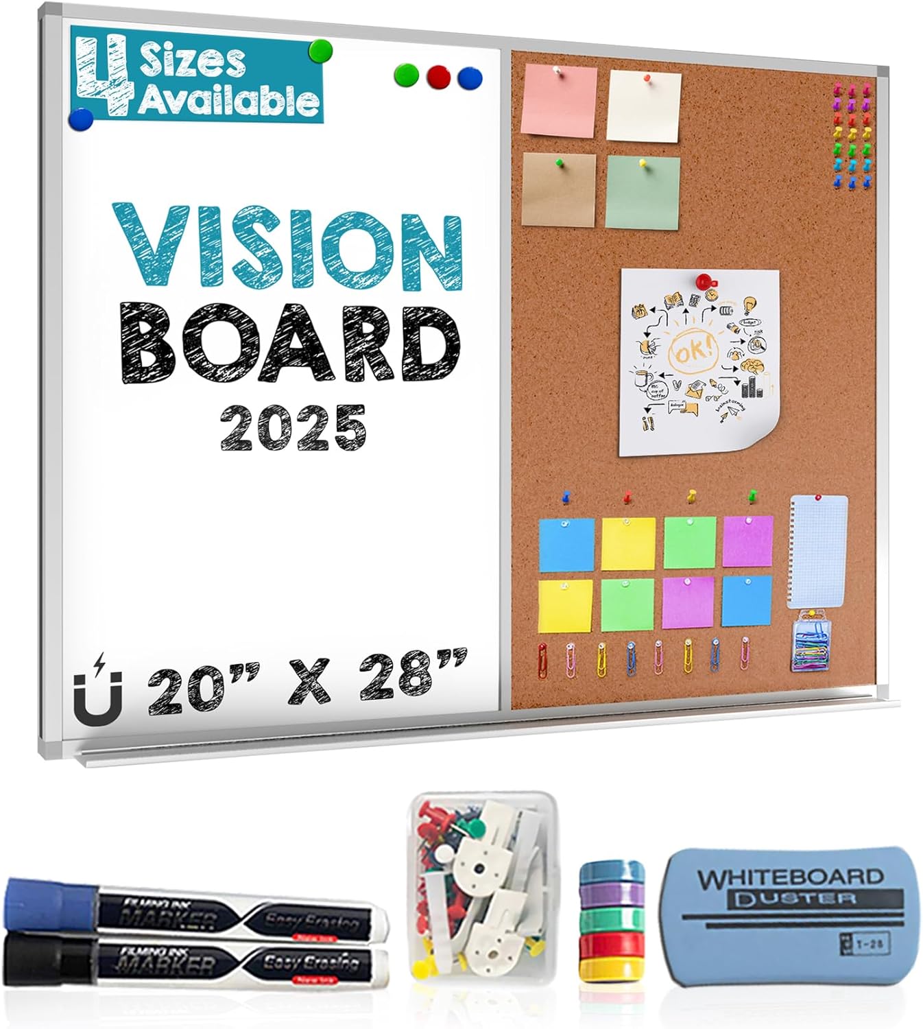 Vision Board 2025: Magnetic White Board & Cork Bulletin Set