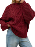 Womens Oversized Cable Knit Sweater - Chunky Button Up Turtleneck