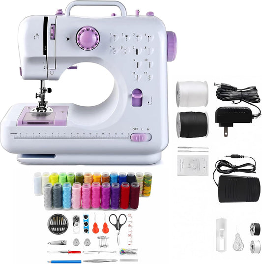 Portable Electric Sewing Machine Kit - 12 Stitch Dual Speed, 27pc Accessories, Foot Pedal - Auggs