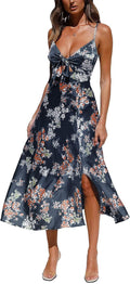 Spaghetti Strap Satin Midi Dress Tie Front Backless Split - Flattering