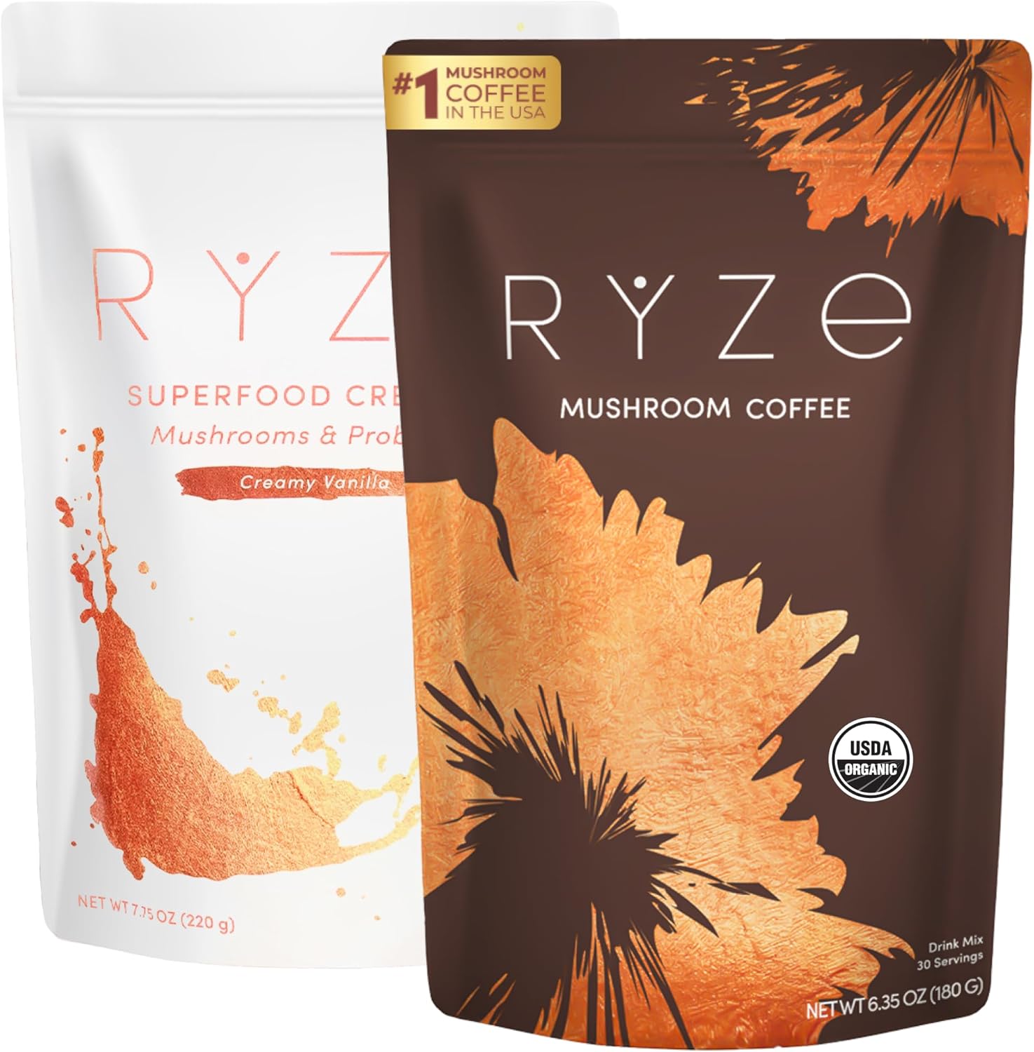 RYZE Energy Duo | Mushroom Coffee + Probiotic Creamer | USDA Organic | USA Grown | 30+30 servings