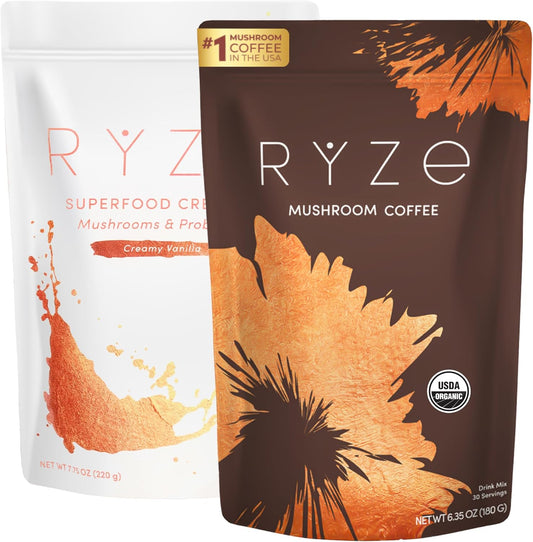 RYZE Energy Duo | Mushroom Coffee + Probiotic Creamer | USDA Organic | USA Grown | 30+30 servings