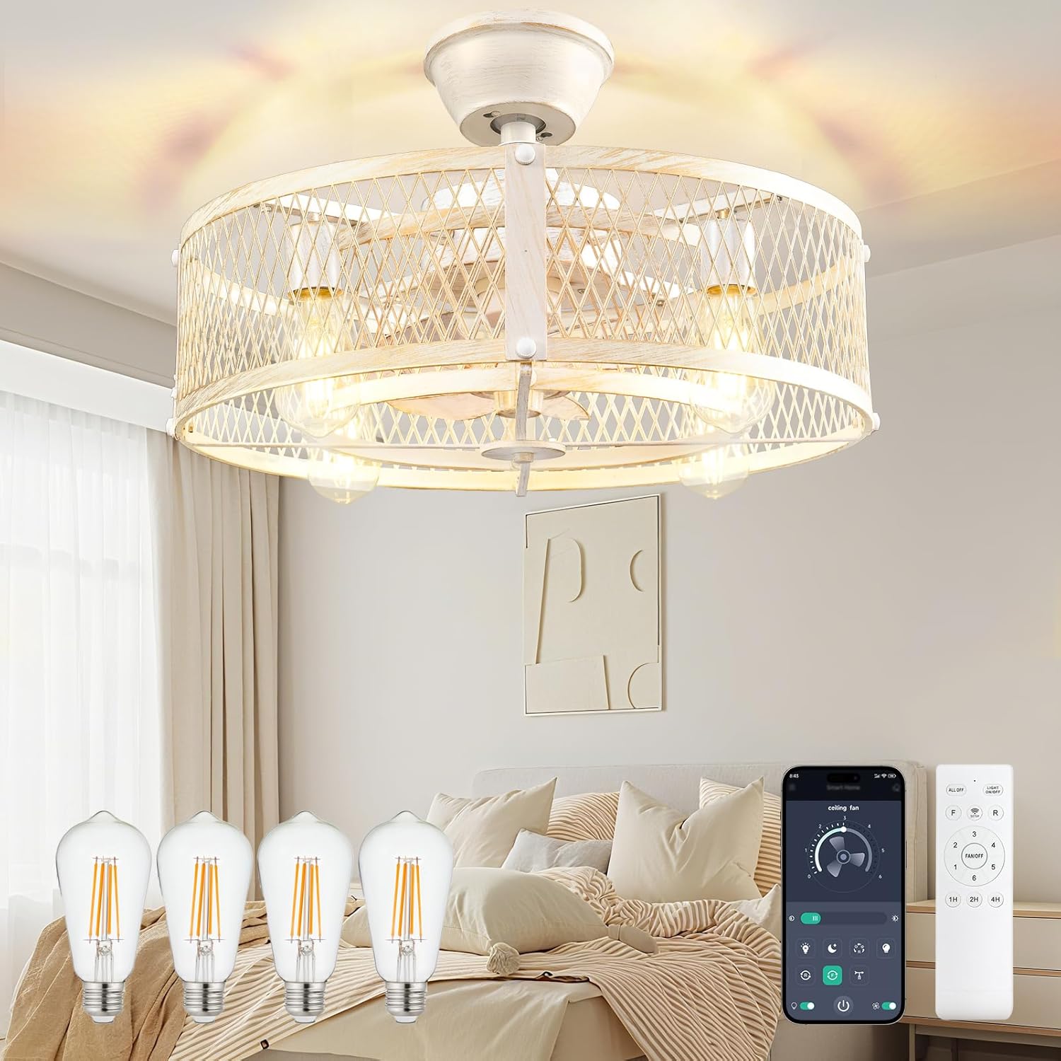 DLLT Caged Ceiling Fan with Lights: 20in Farmhouse Fandelier