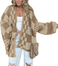 Casual Cardigan Sweater for Women - Cozy Chunky Checkered Knit Women's