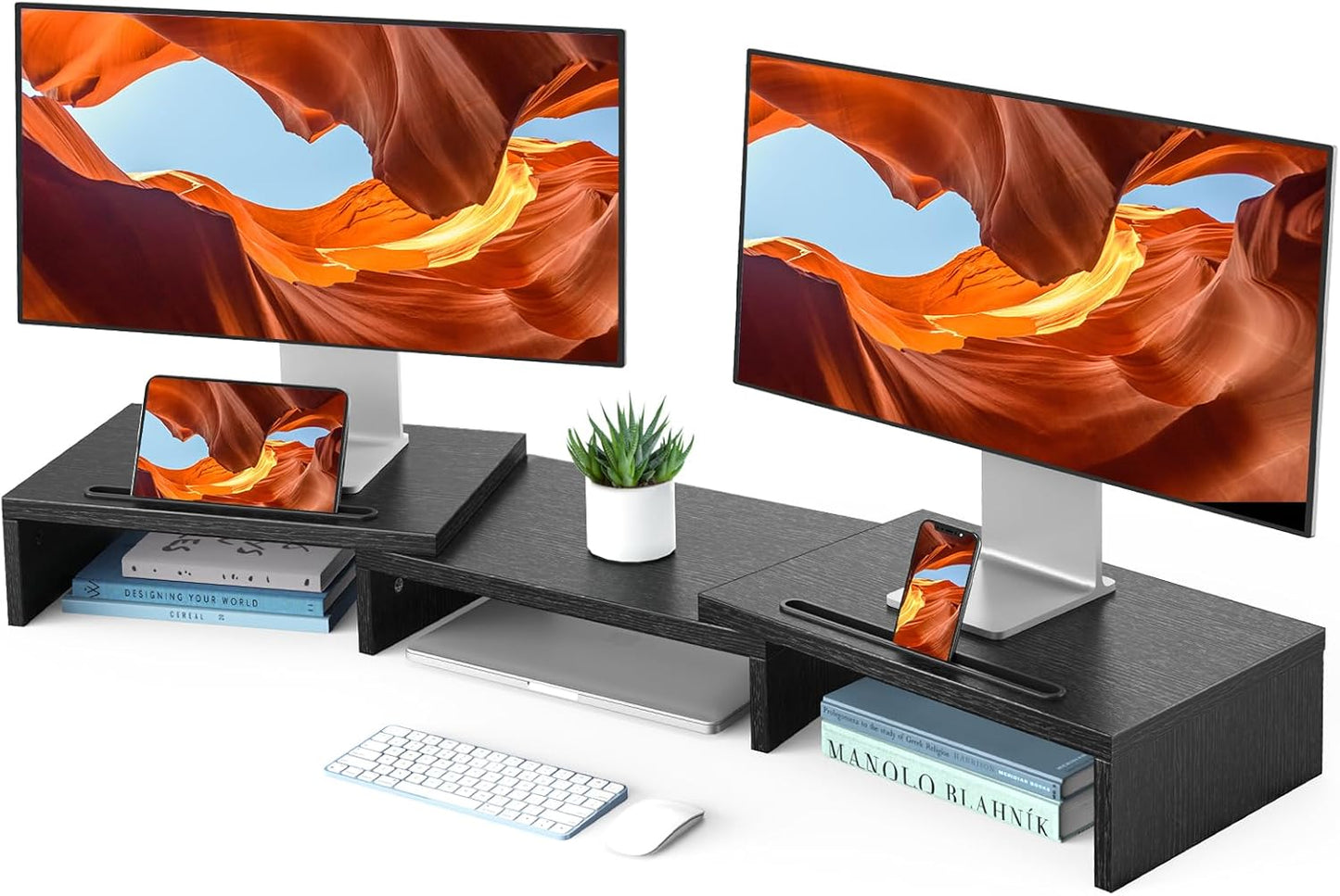 Adjustable Dual Monitor Stand with Organizer Slots