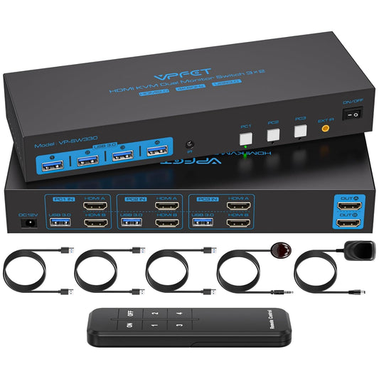 HDMI KVM Switch for 2 Monitors and 3 Computers with USB Ports