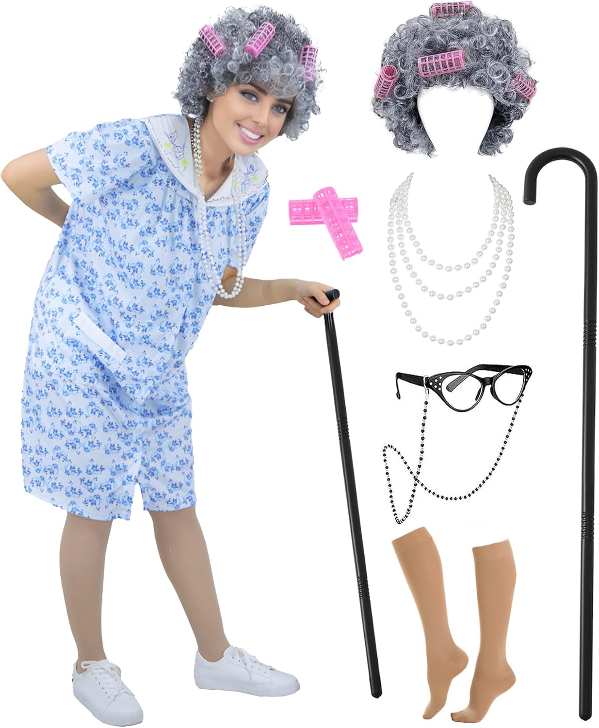 9pcs Adult Old Lady Costume Set for 100 Days of School Fun
