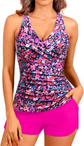 Women Tankini Swimsuit with Pockets - Pink Floral Two-Piece