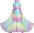 Girls Halter Neck Sequin Dress 6-14Y - Layered Sequin & Chiffon