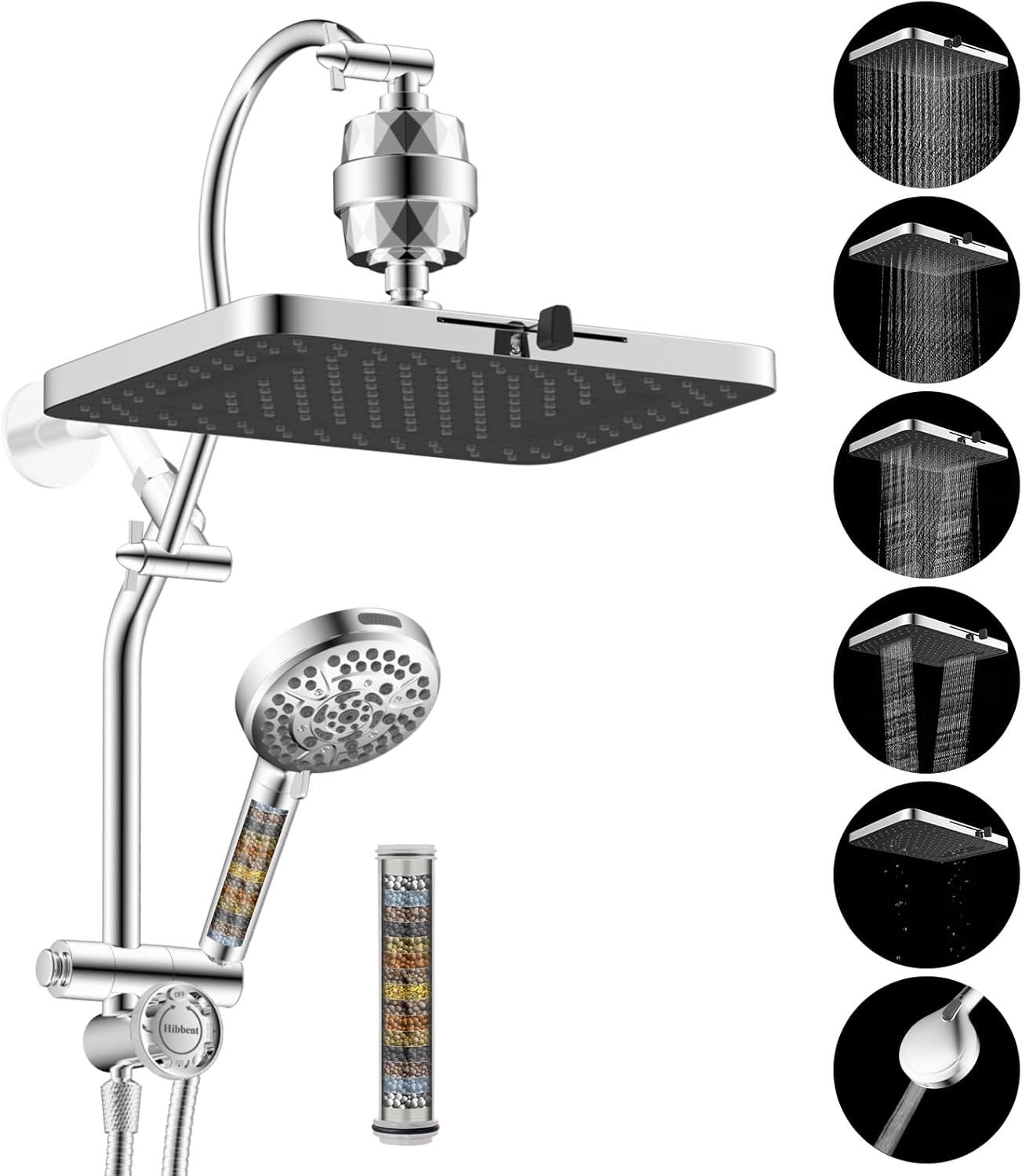 Hibbent 5-Spray Dual Filtered Rainfall Shower Head Combo