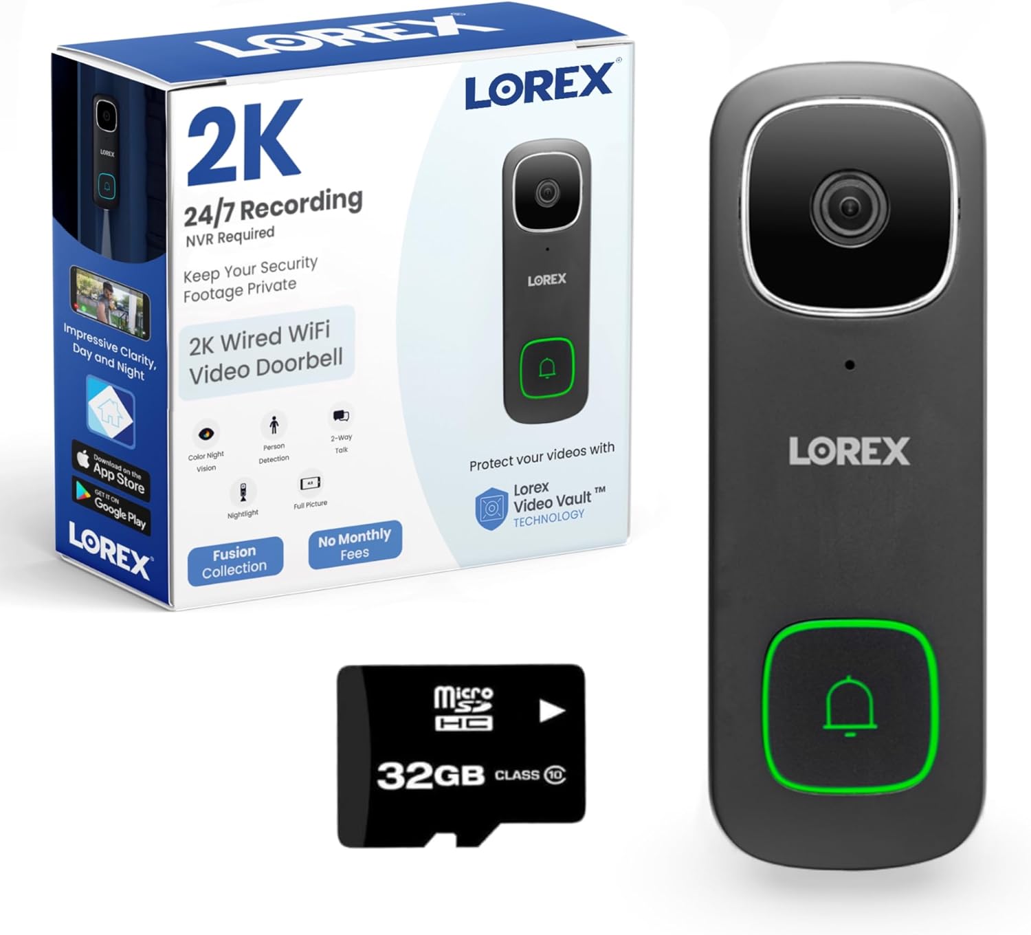 Lorex 2K Smart Doorbell Camera - No Subscription, Motion Detection