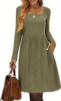 Sweater Dress Square Neck Knit Long Sleeve Dress with Pockets