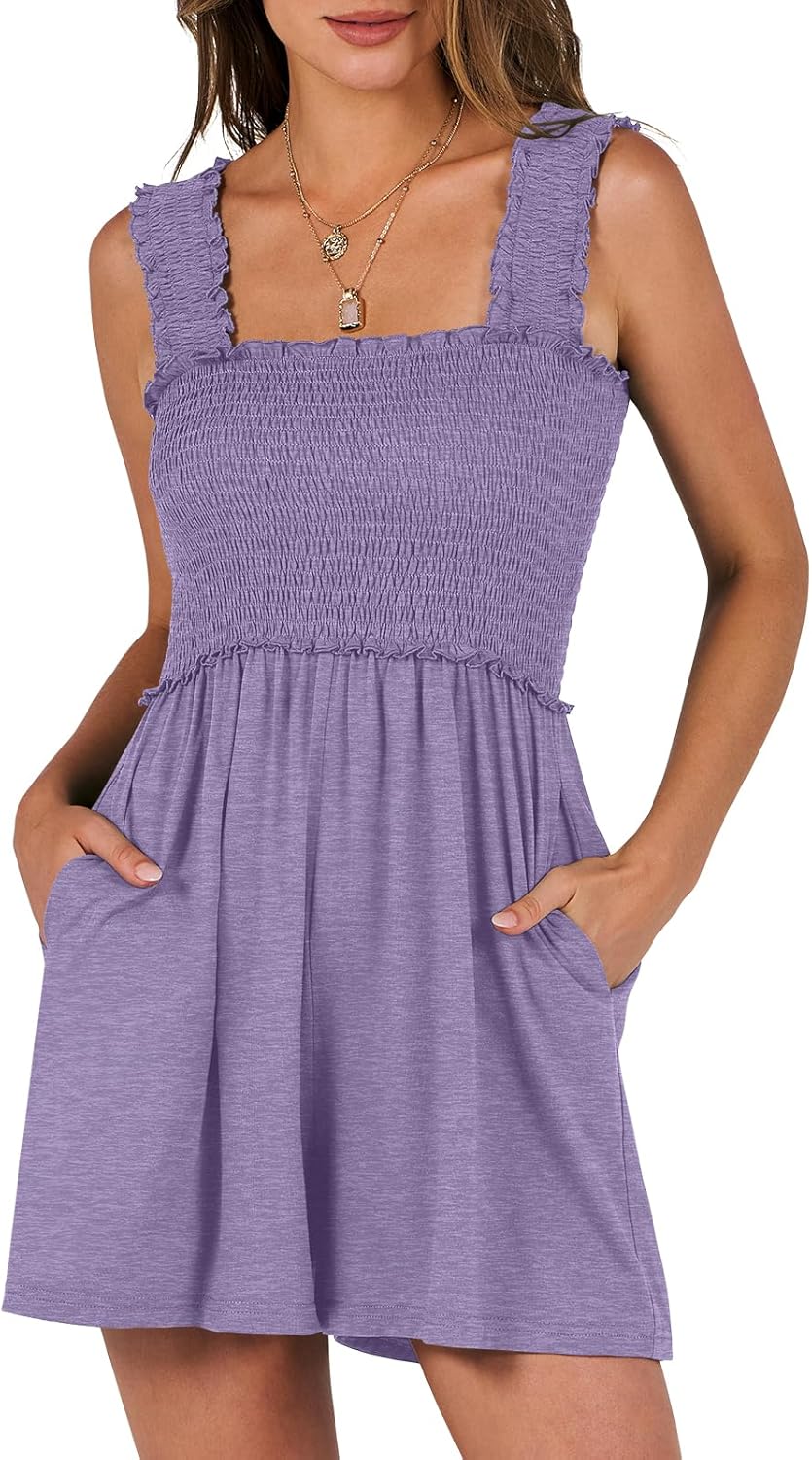 Caracilia Women's Summer Casual Smocked Rompers for Beach Fun