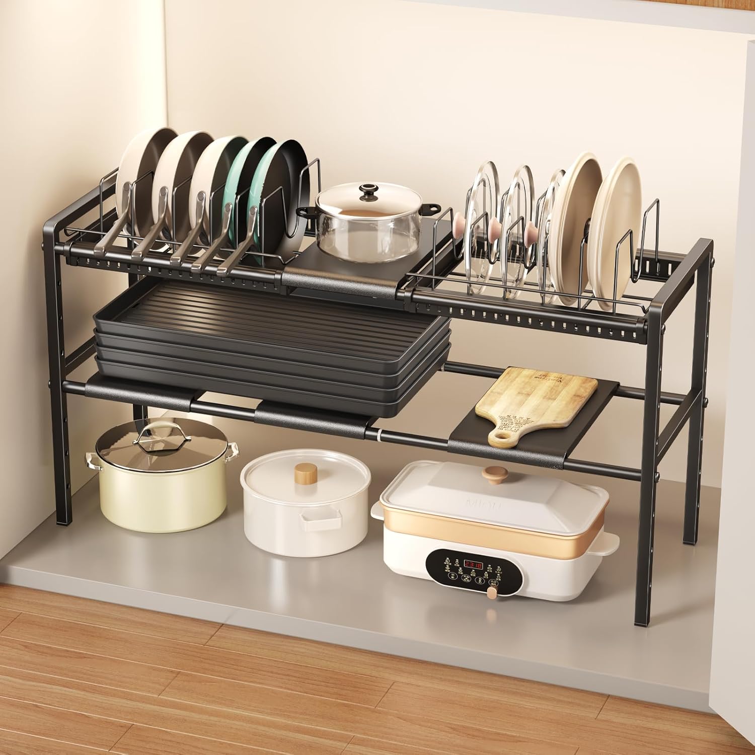 Expandable 2 Tier Pots and Pans Organizer for Kitchen Storage