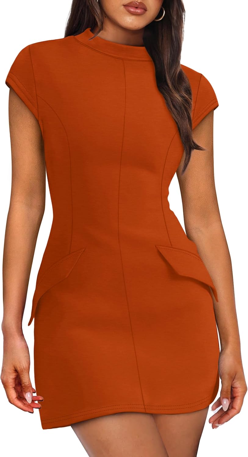 OFEEFAN Womens Summer Dress Mock Neck Short Sleeve Bodycon Mini