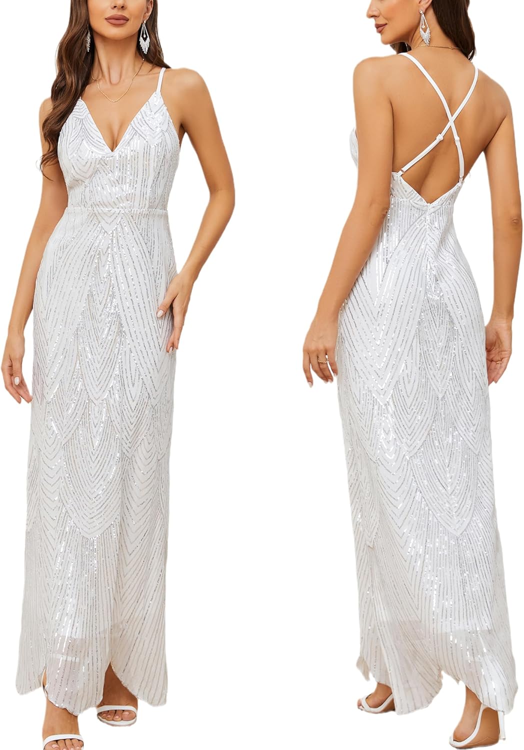 Women's V Neck Spaghetti Straps Sequin Sparkly Maxi Dress