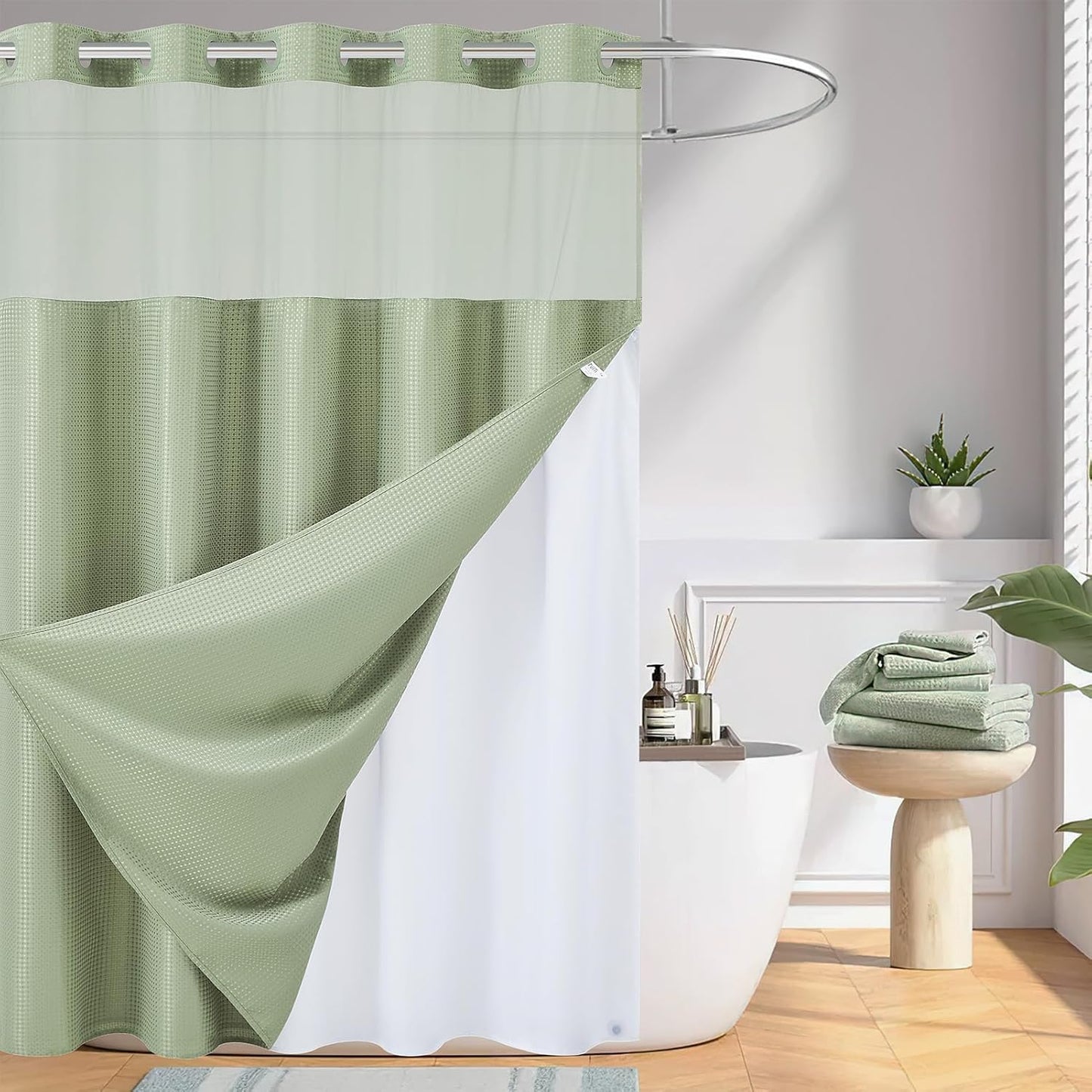 Furlinic Waffle Weave No Hook Shower Curtain with Liner Set
