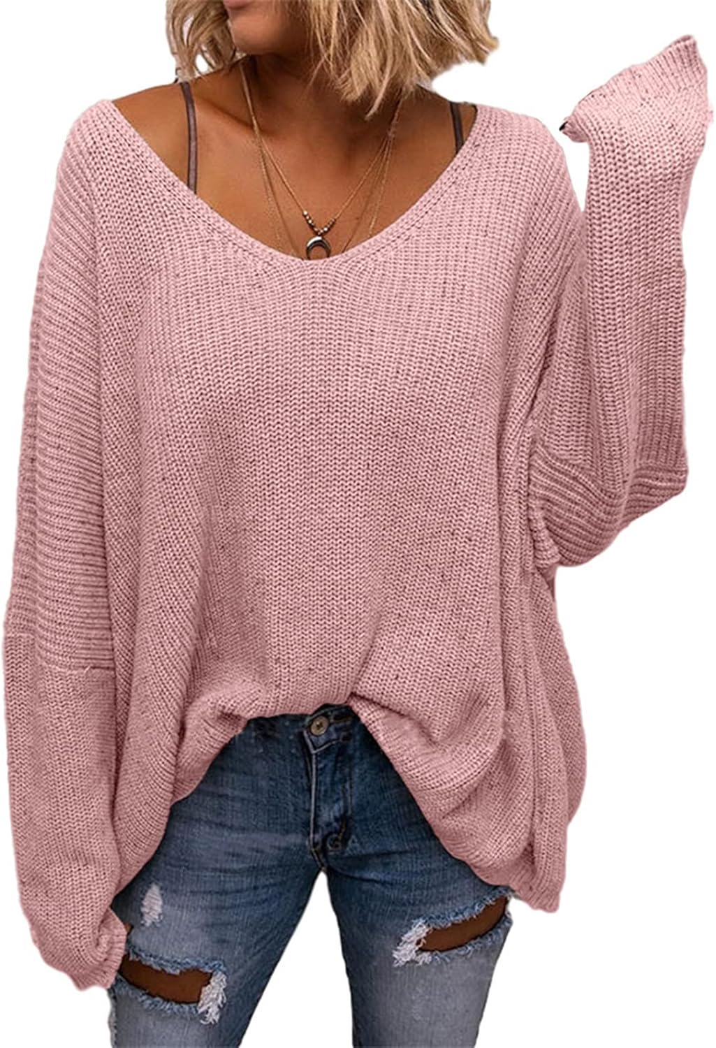 Stylish BZB Women's V Neck Long Sleeve Knit Oversized Sweater