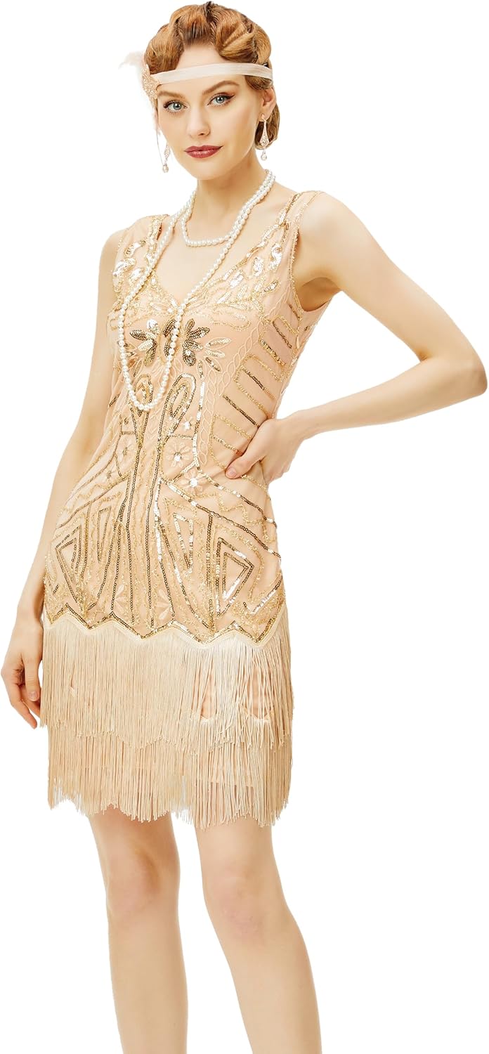 Elegant 1920s Flapper Dress with Beaded Fringes for Parties