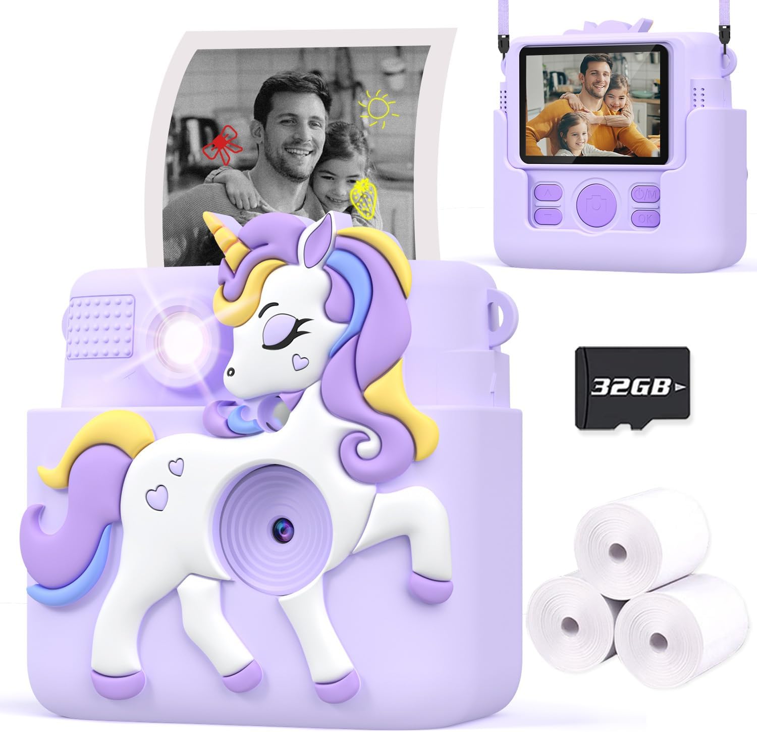Kids Instant Print Camera Gift, 1080P Digital Toy for 3-12 Year Old Girls, Lilac