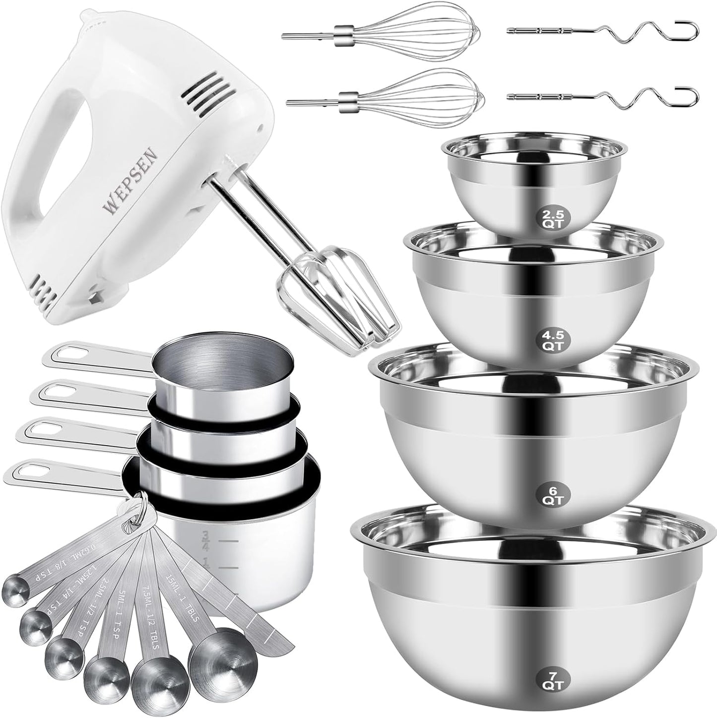 WEPSEN Electric Hand Mixer Set - 5 Speeds, Stainless Steel Bowls, Baking Essentials