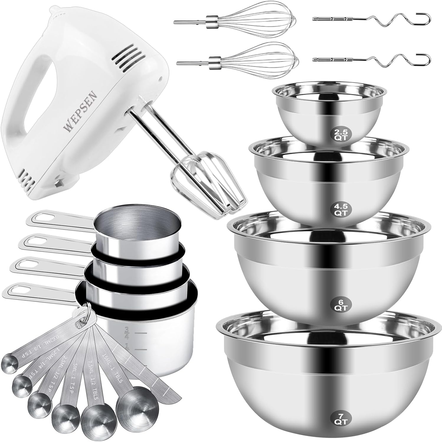 WEPSEN Electric Hand Mixer Set - 5 Speeds, Stainless Steel Bowls, Baking Essentials