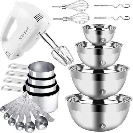 WEPSEN Electric Hand Mixer Set - 5 Speeds, Stainless Steel Bowls, Baking Essentials