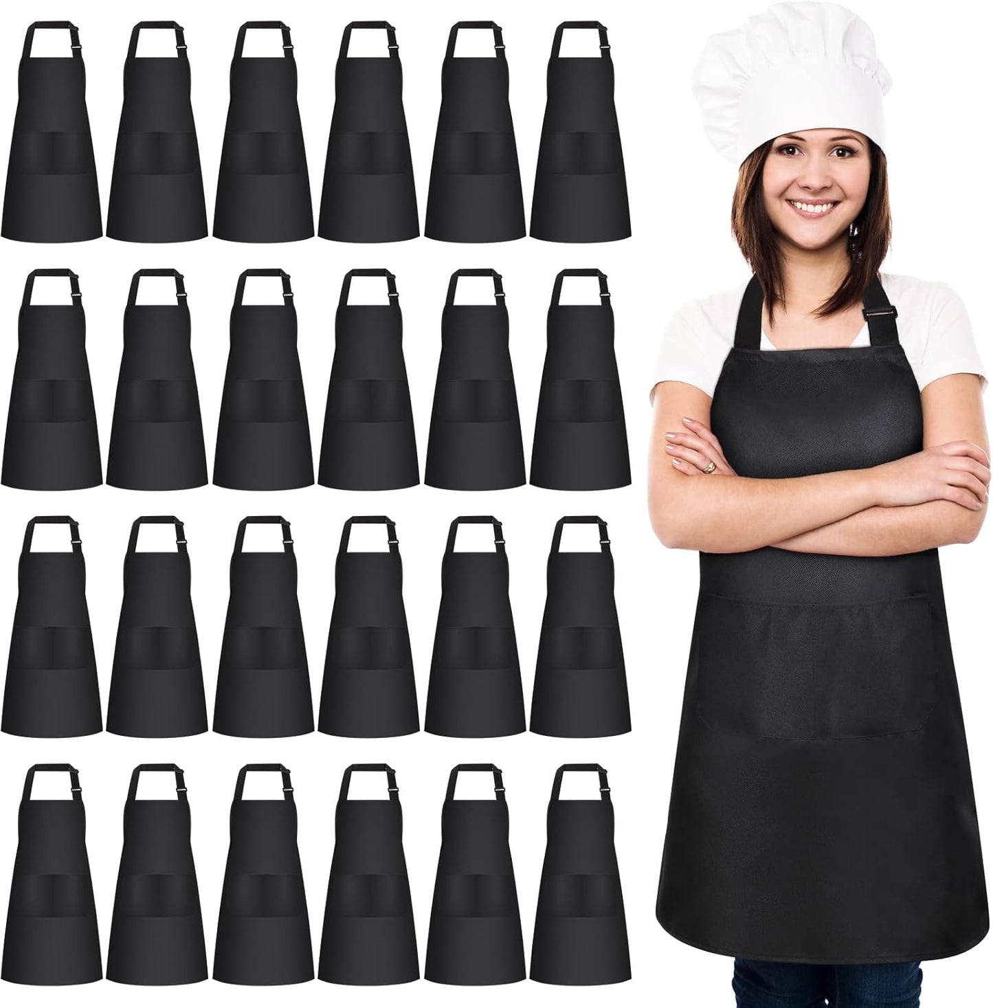 Adjustable Bib Apron 24 Pack with Pockets for Kitchen Use
