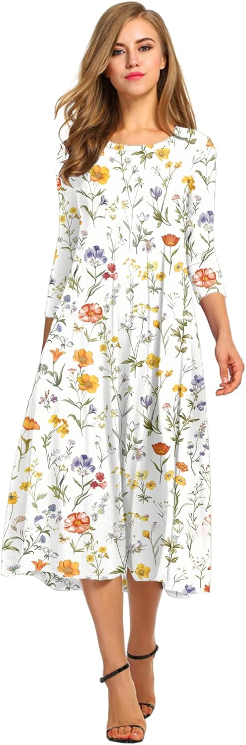 HOTOUCH Women's 3/4 Sleeve A-line Midi Long Dress for Elegance