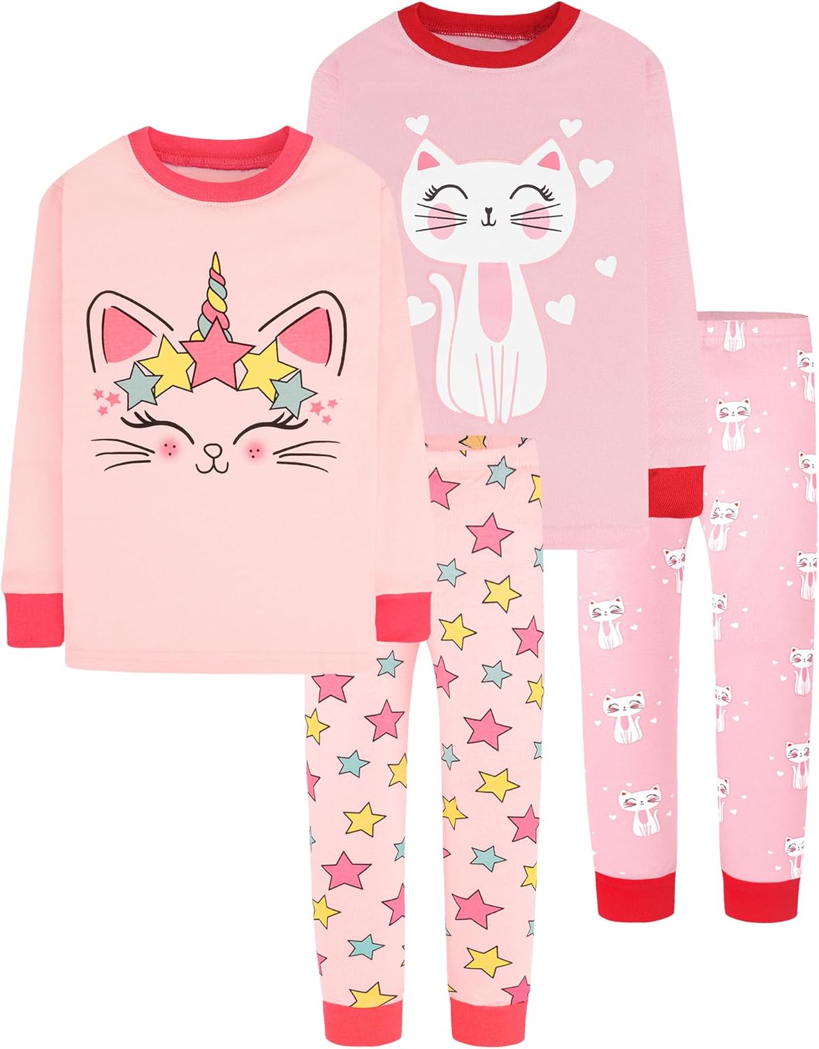 Girls 4 Pieces Cotton Pajamas Set for Ages 18 Months to 12 Years