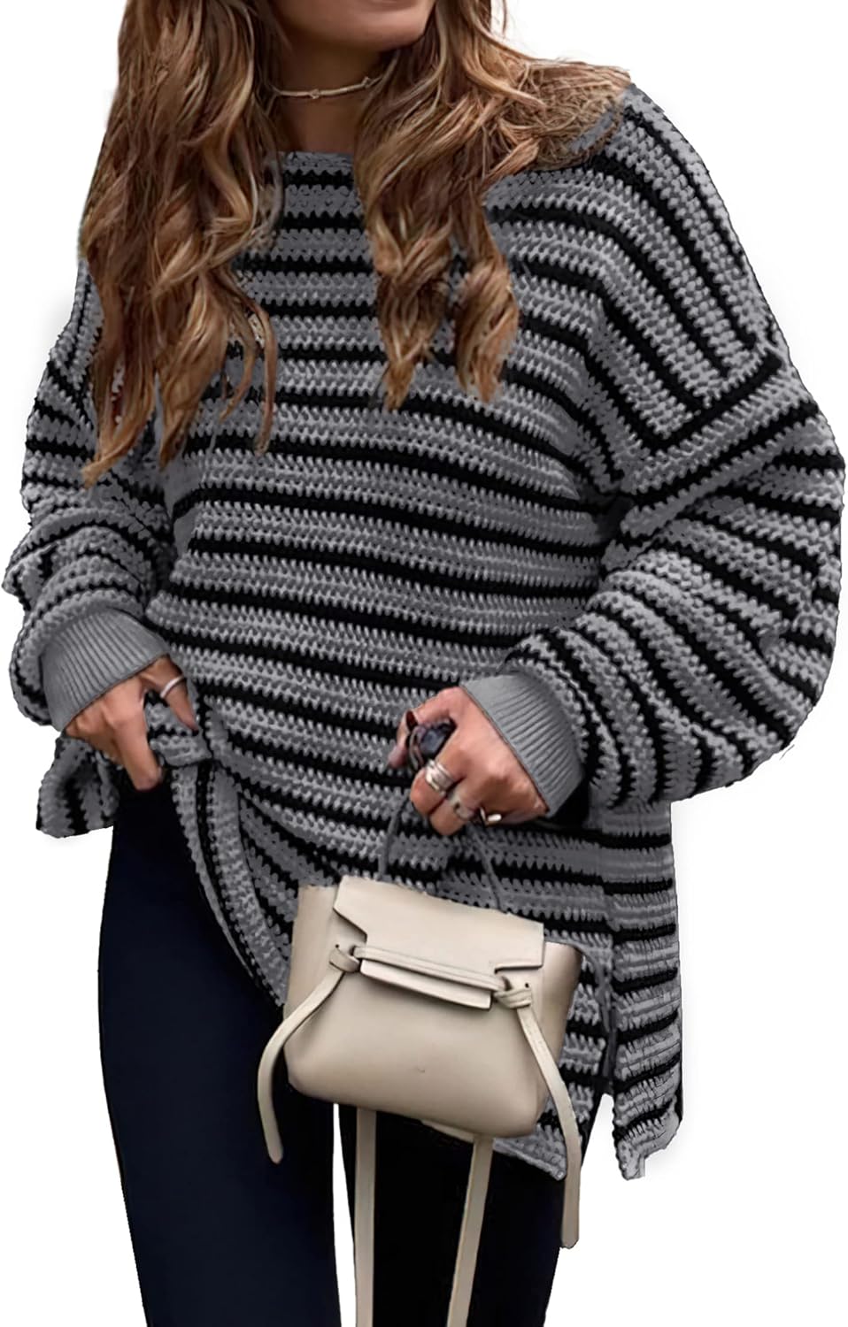 KIRUNDO Women's Oversized Long Sleeve Striped Sweater for Fall