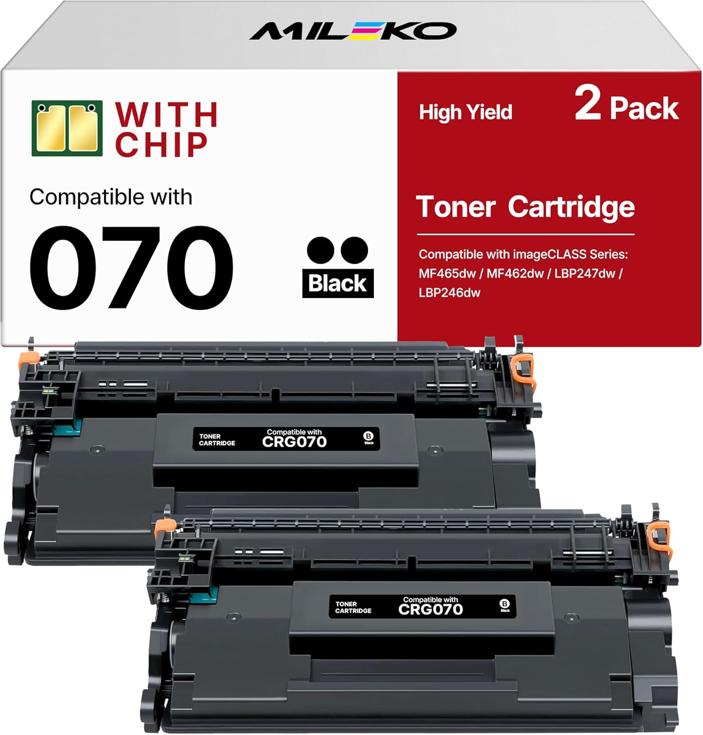 MILEKO 070 Black Toner Cartridge 2 Pack for Canon Printers