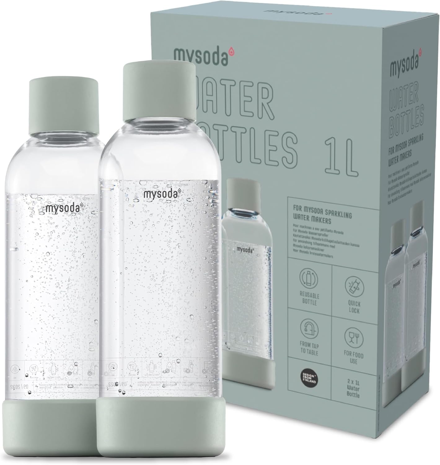 Reusable 1L Sage Green Carbonating Bottles - Quick-Lock Wood Composite Base - BPA Free - Fits Various Brands