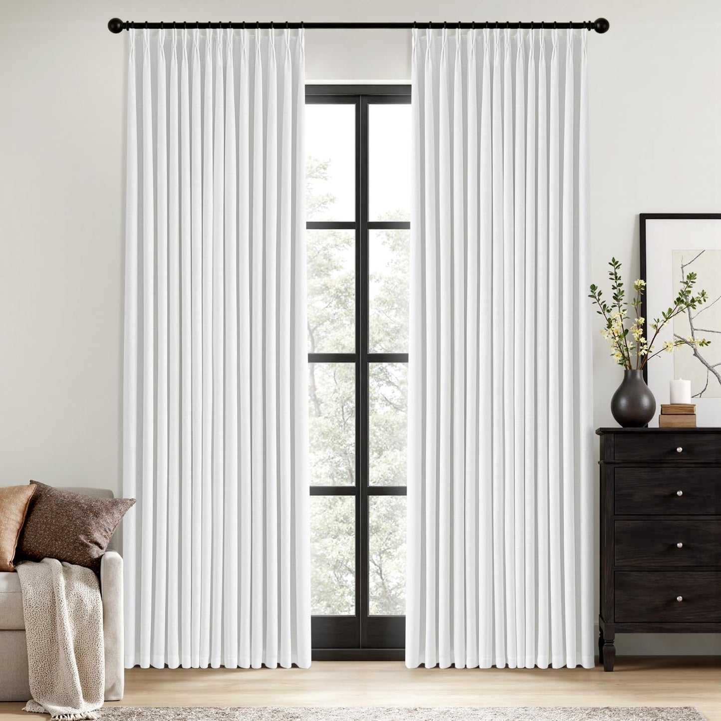 MIULEE White Pinch Pleated Blackout Linen Curtains Set