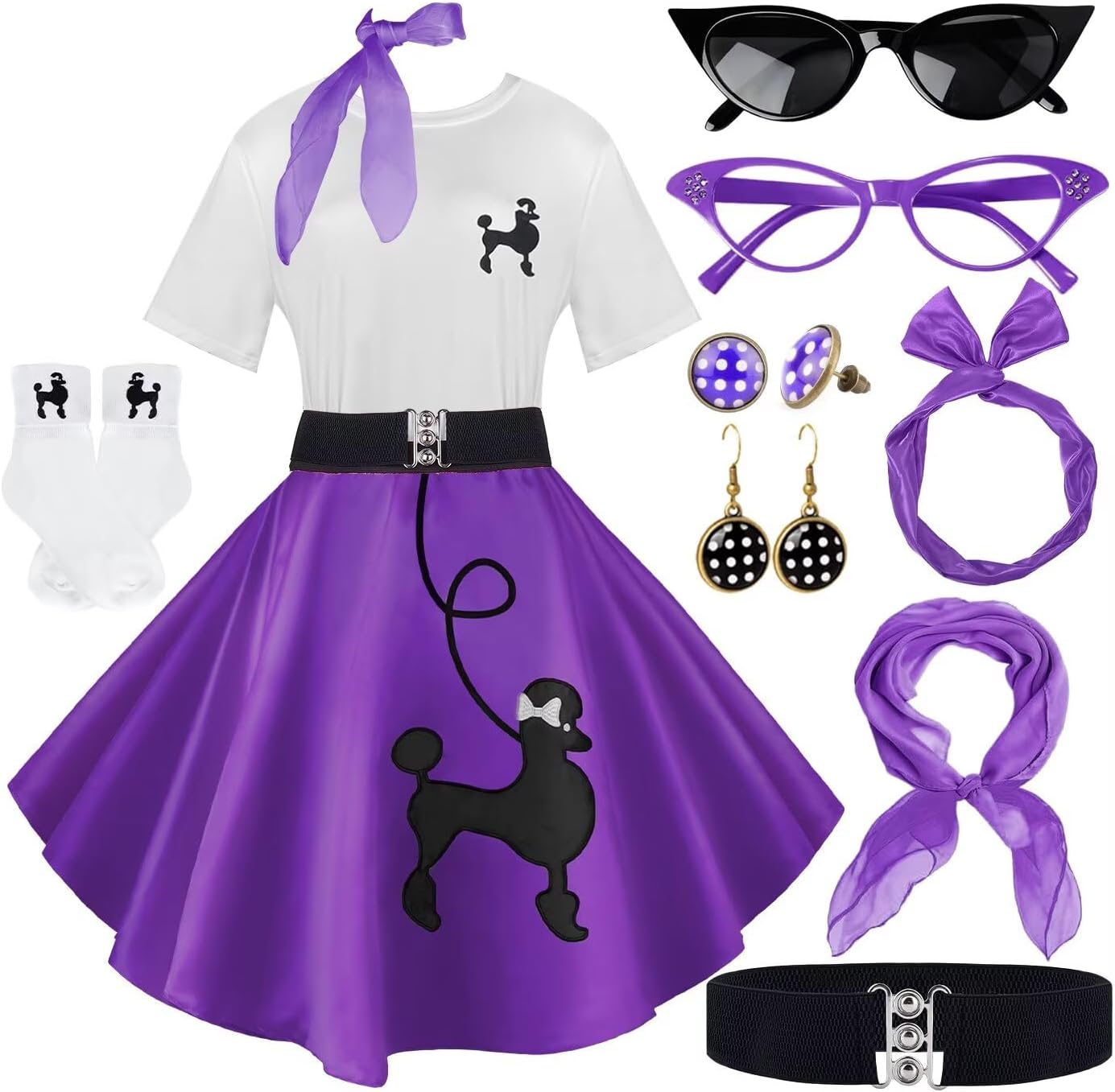 10Pcs Sock Hop Outfits Women with 1950s Poodle Skirts and More
