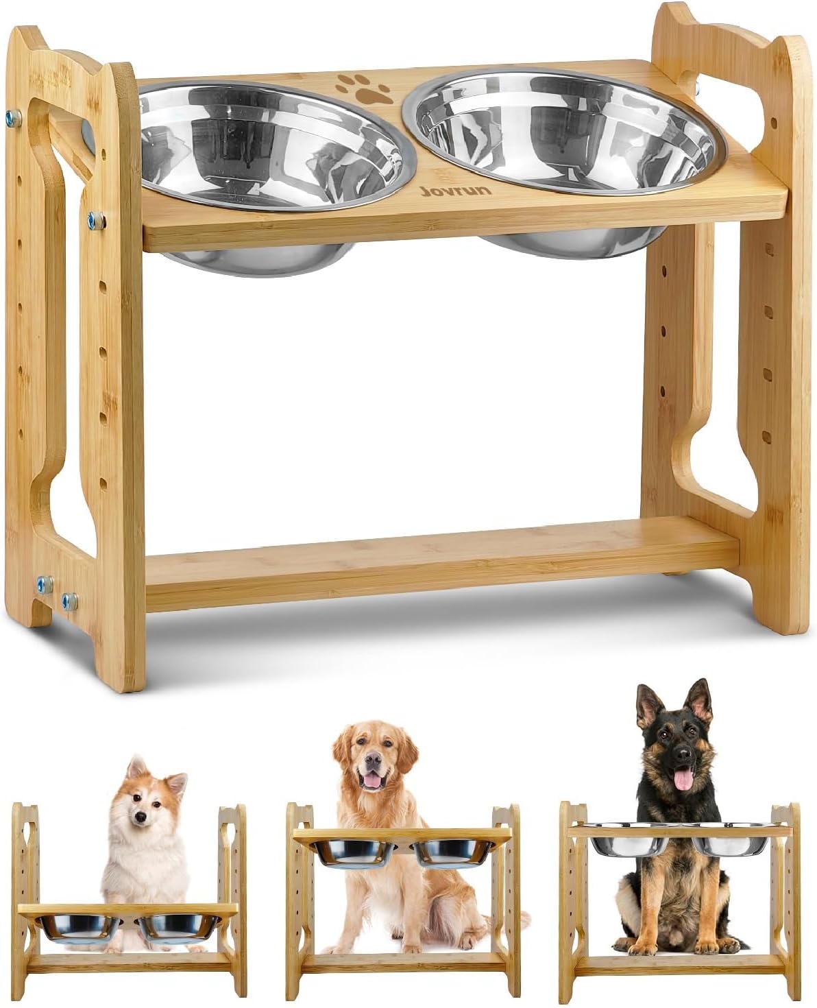 Elevated Dog Bowls for Medium Large Dogs - Adjustable Bamboo Feeder