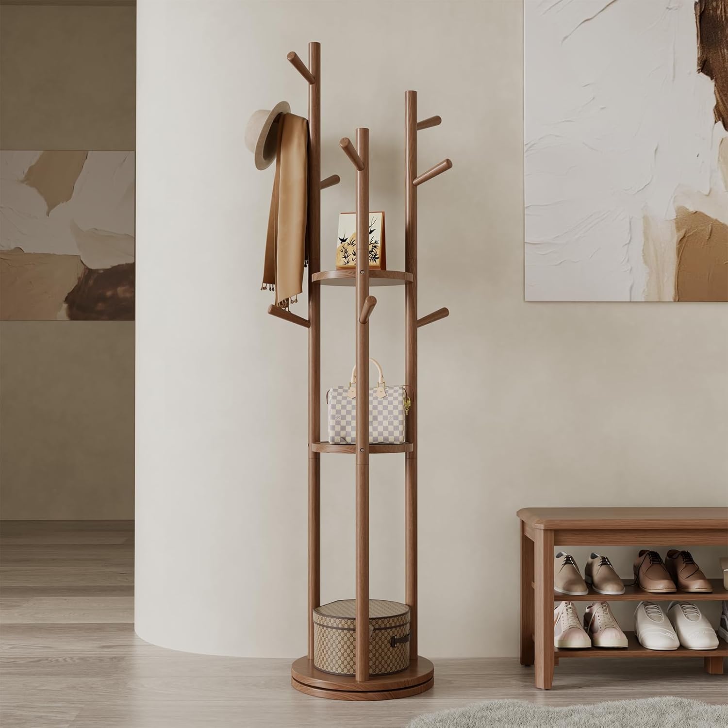 Solid Wood Rotary Coat Rack with Shelves and Hooks for Home
