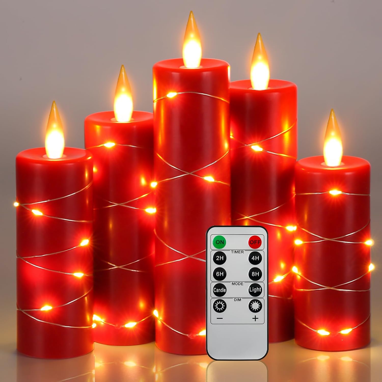 Flameless Candles with String Lights - Red LED Pillar Set