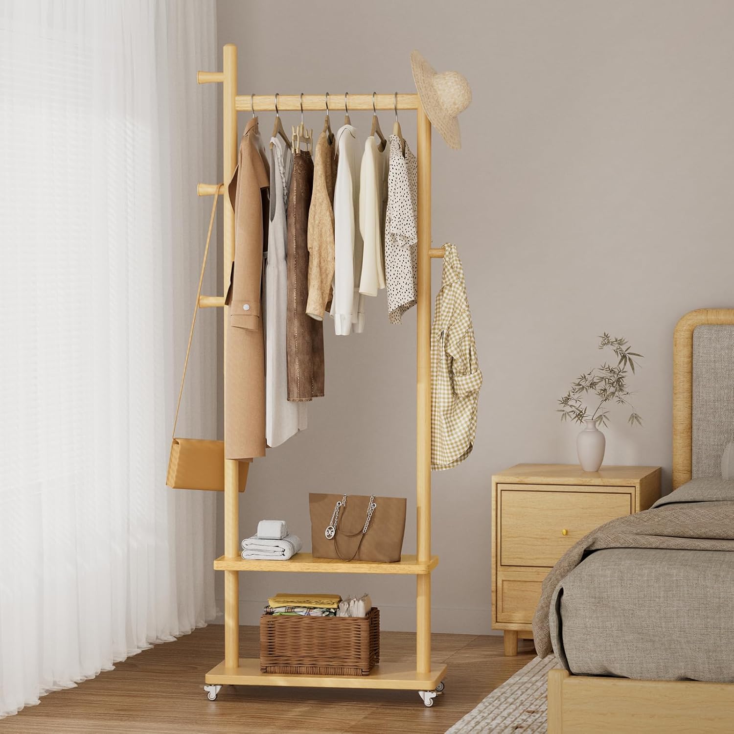 Freestanding Coat Rack with Wheels & Shelves for Home Storage
