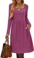 Women's Square Neck Knit Sweater Dress Knee Length - Cozy Fit