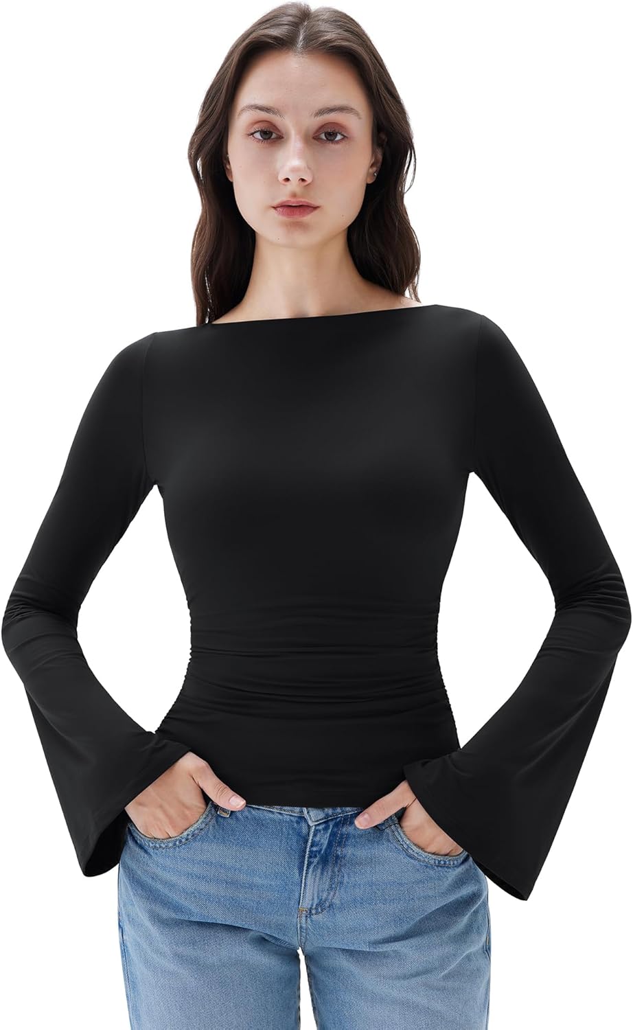 SUUKSESS Women Crew Neck Bell Sleeve Tops for Stylish Outings