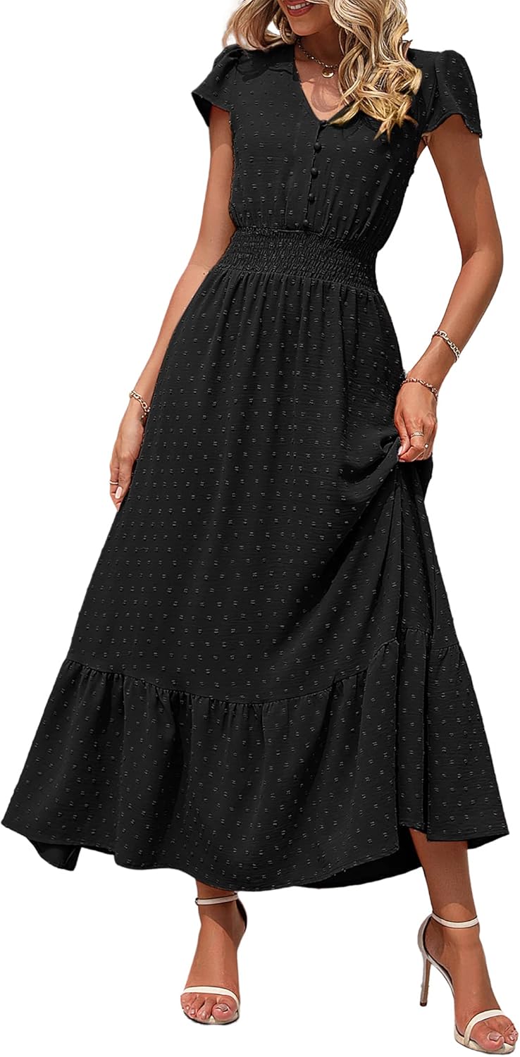 PRETTYGARDEN Womens Summer Maxi Dress Boho Short Sleeve V Neck