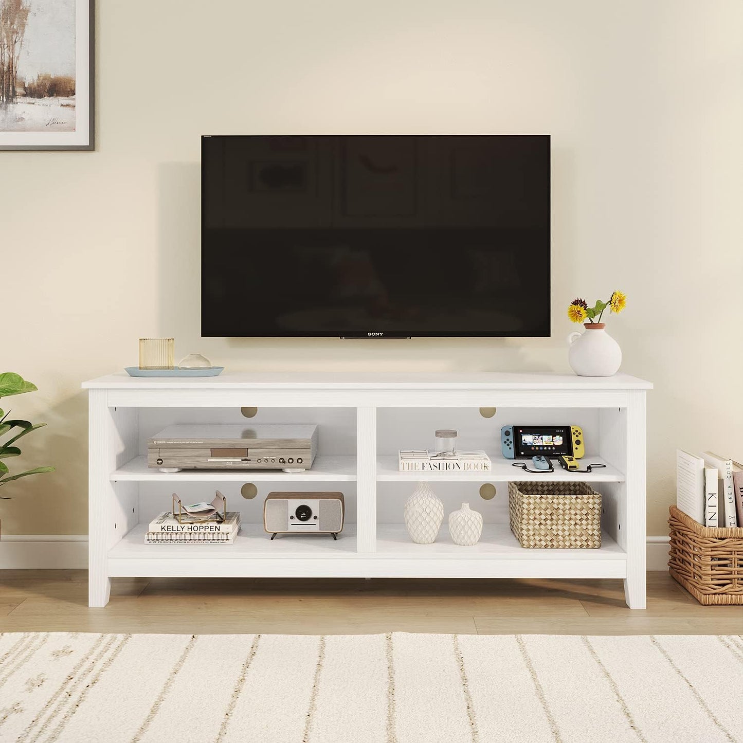 Panana White TV Stand - Fits 60 TV - 4 Cubbies