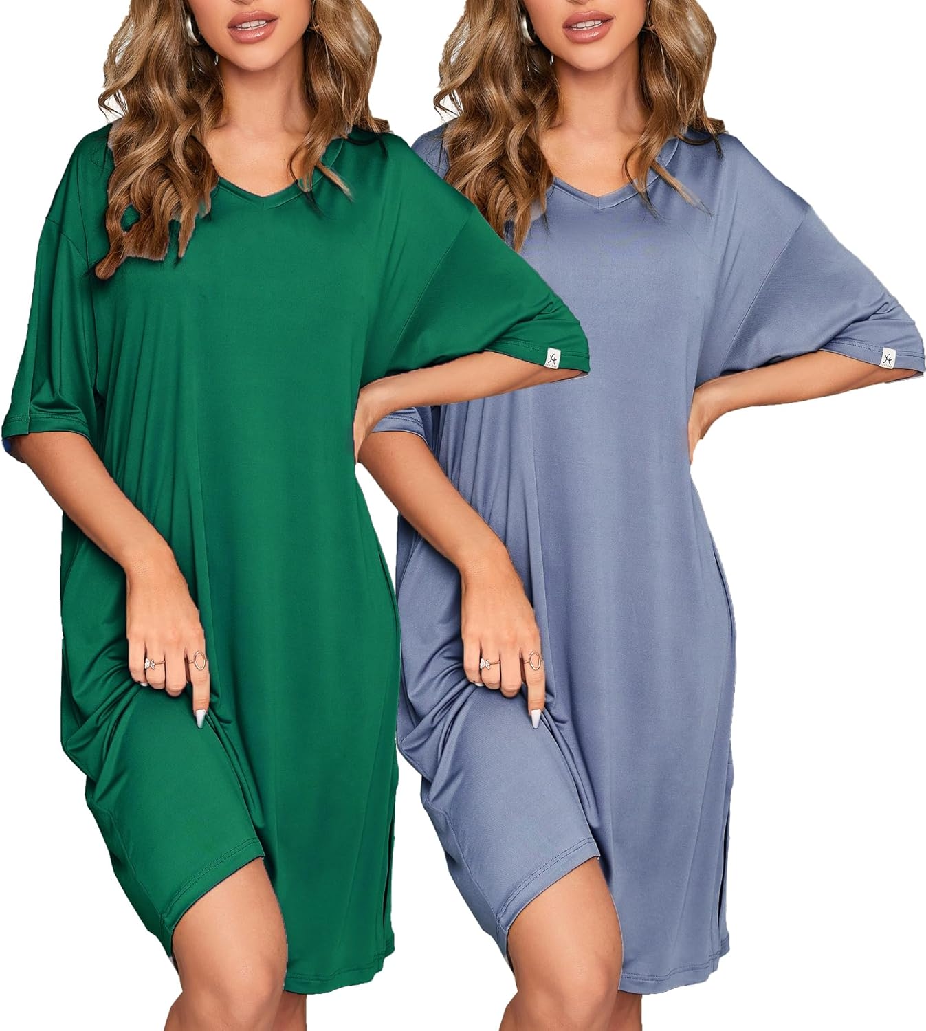 FENTENG 2-Pack Women's Nightgowns Short Sleeve V Neck Sleepwear