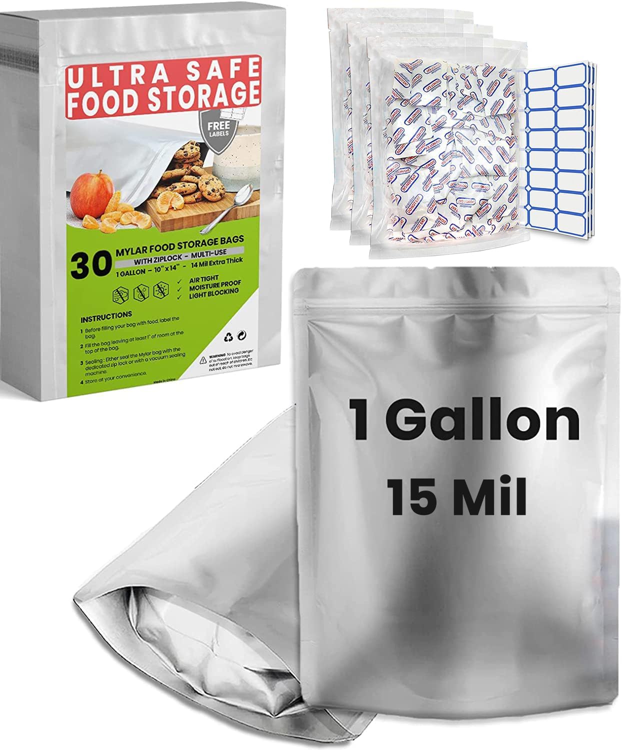 30 Mylar Bags for Food Storage 1 Gallon - Durable & Resealable