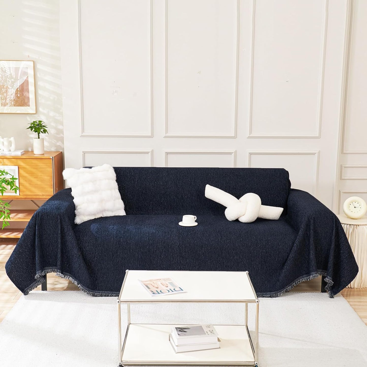 HANDONTIME Navy Blue Sofa Cover with Non-Knot Tassels for Protection