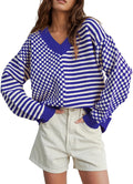 UNCLECAT Women's Striped Checkered V Neck Sweater - Cozy Casual Fall